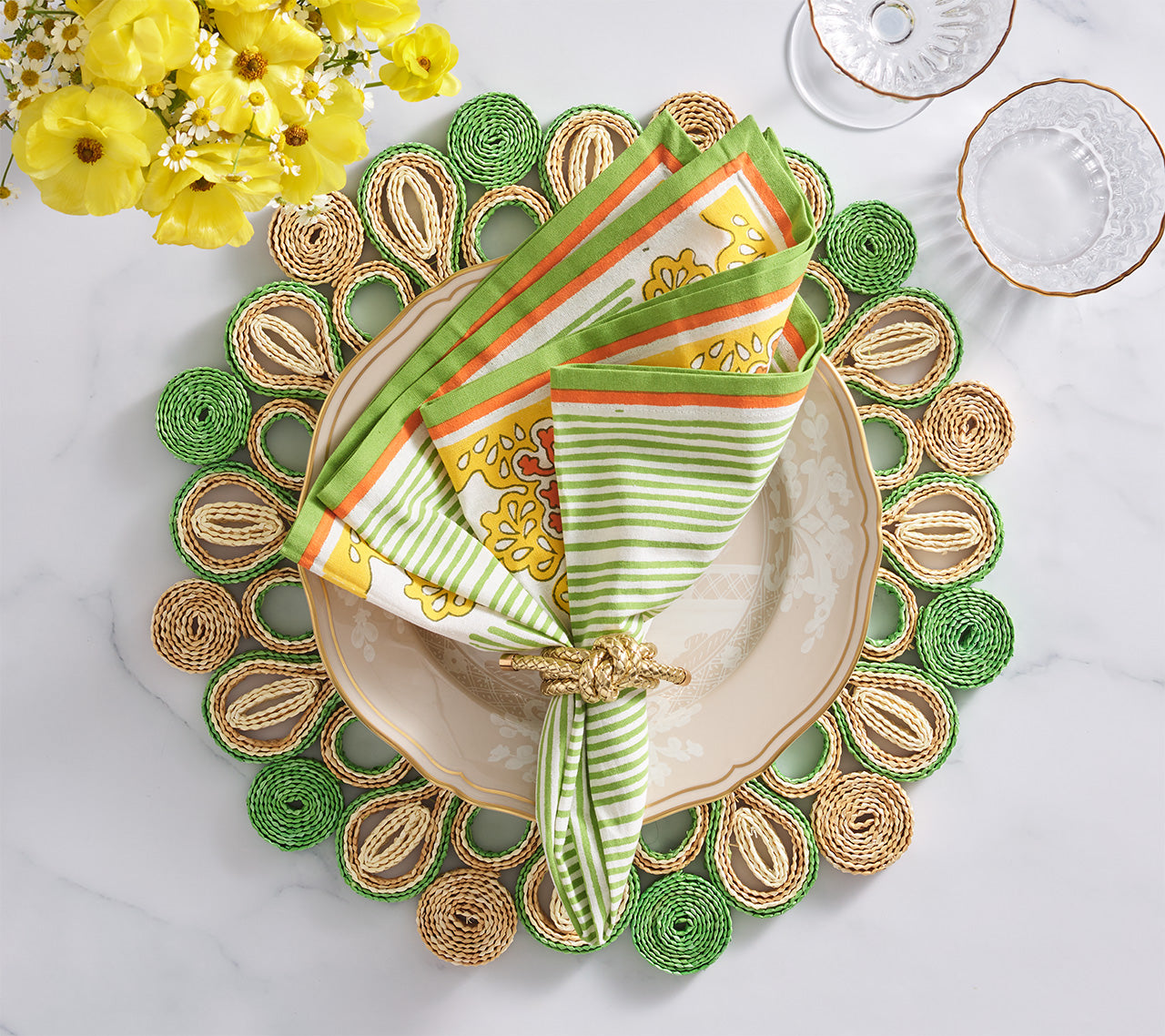 Filigree Napkin in White, Yellow & Green, Set of 4