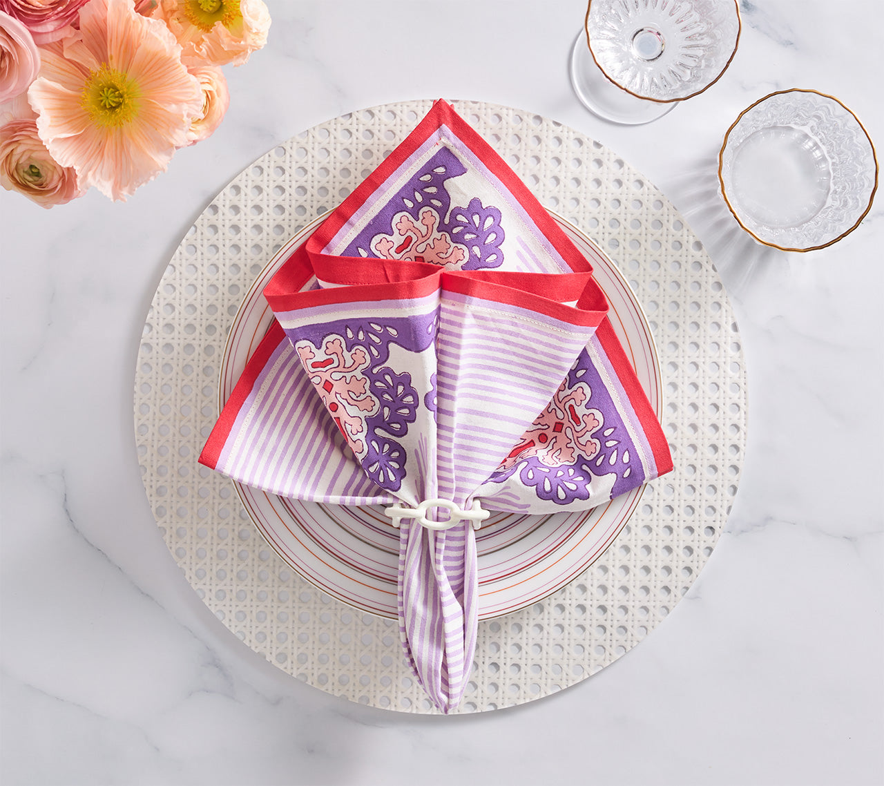 Filigree Napkin in White, Lilac & Coral, Set of 4