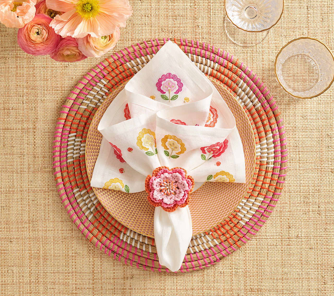 Carnation Napkin in White, Pink & Orange, Set of 4