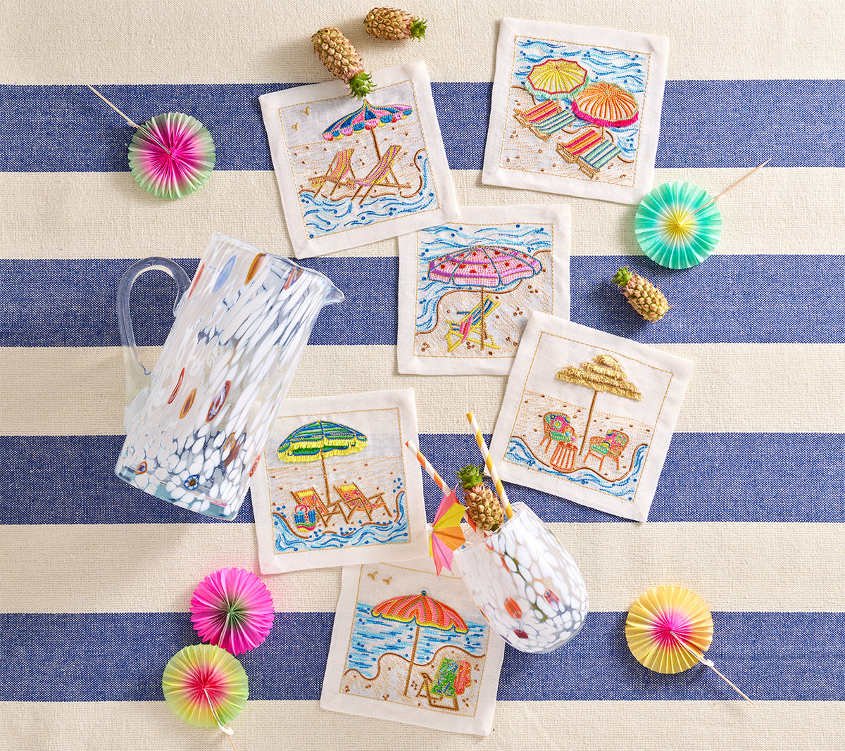 Sunny Isles Cocktail Napkins in White & Multi, Set of 6 in a Gift Box