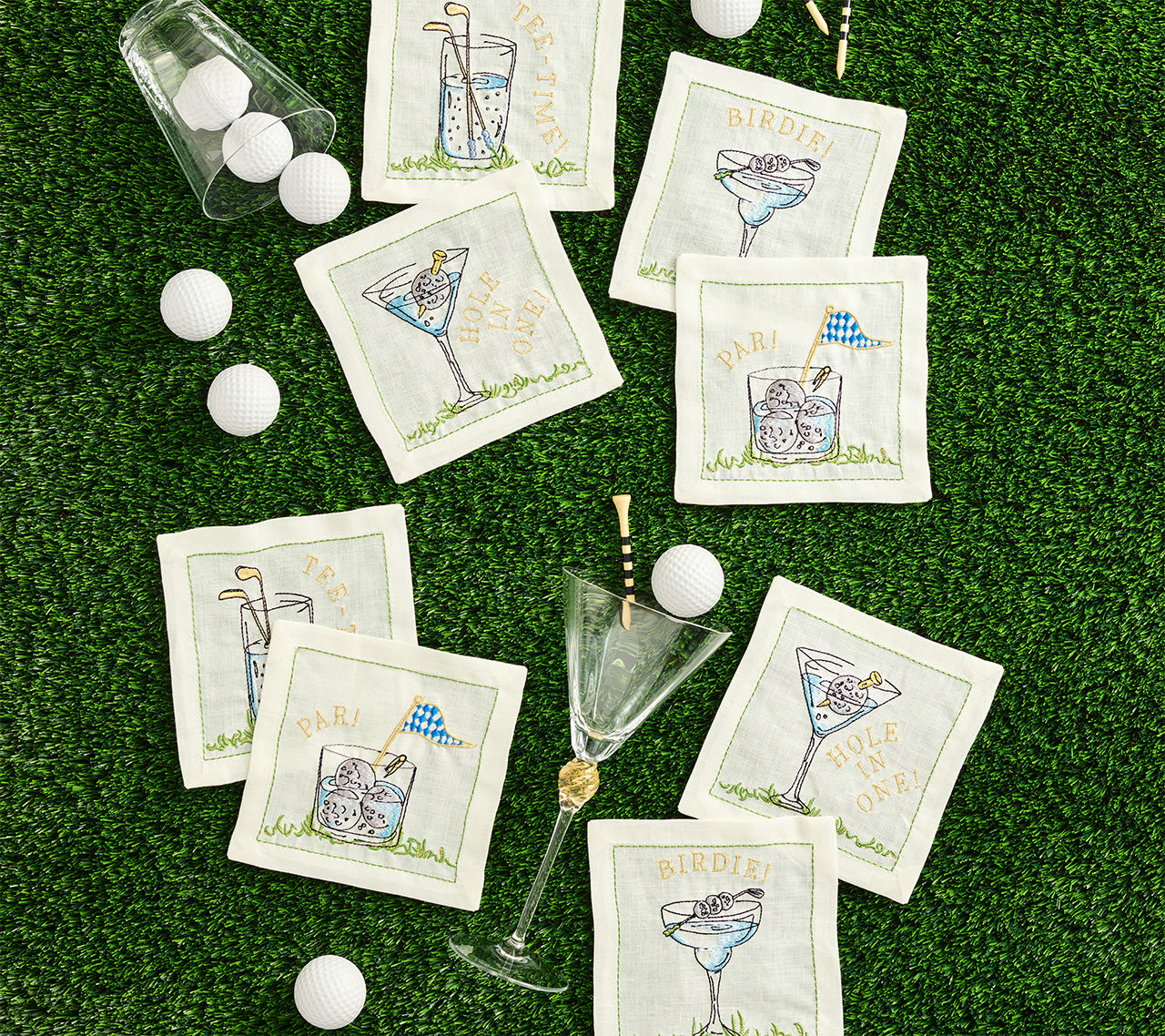 Tee Time Cocktail Napkins in White & Multi, Set of 8 in a Gift Box