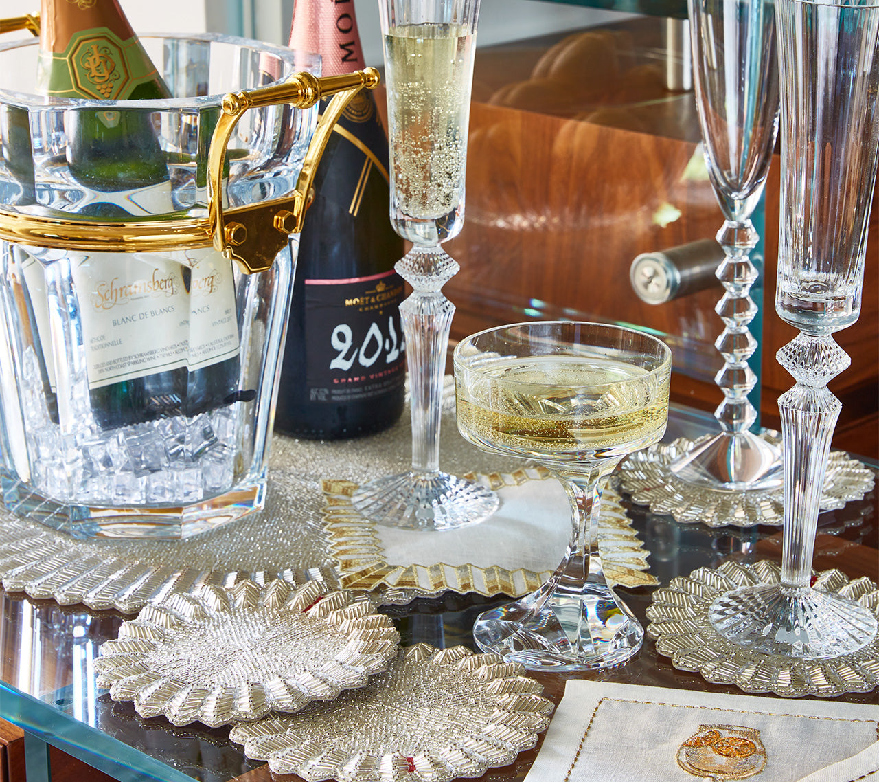 Baccarat x Kim Seybert Luxury Etoile Cocktail Napkin in White, Gold & Silver