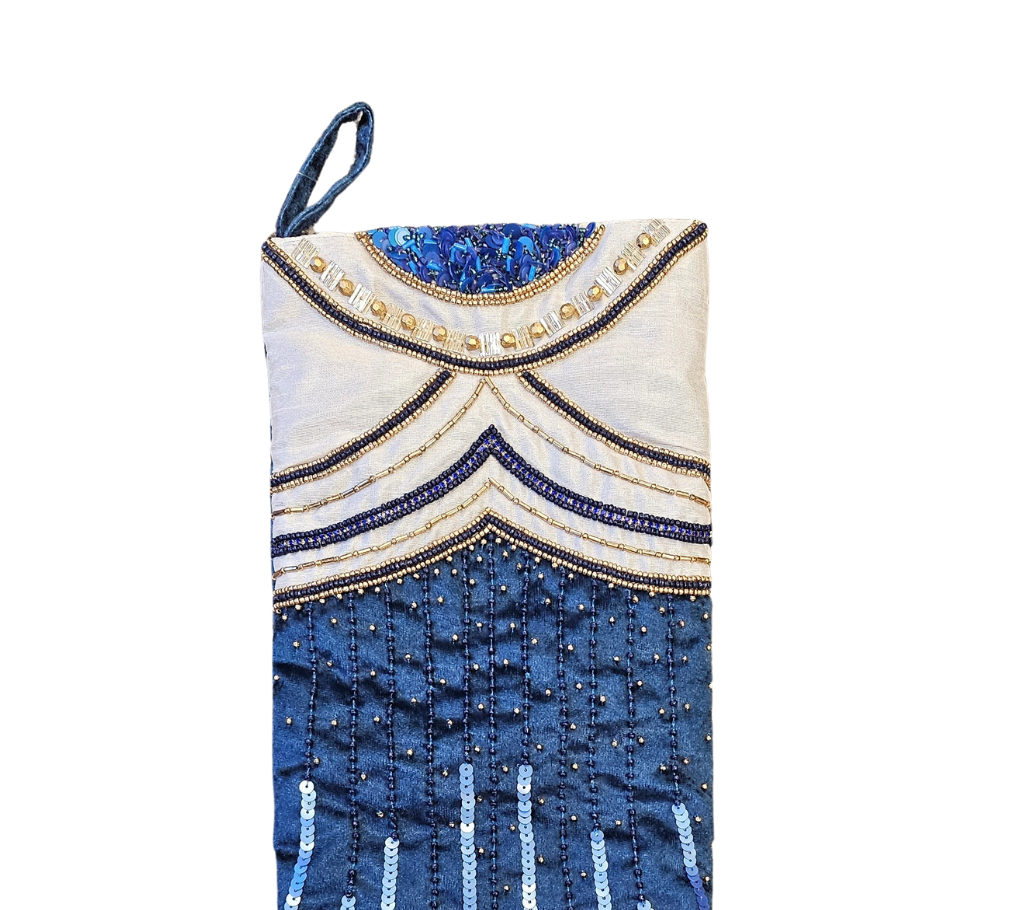 Sample: Midnight Blues Stocking in Blue, White, and Gold