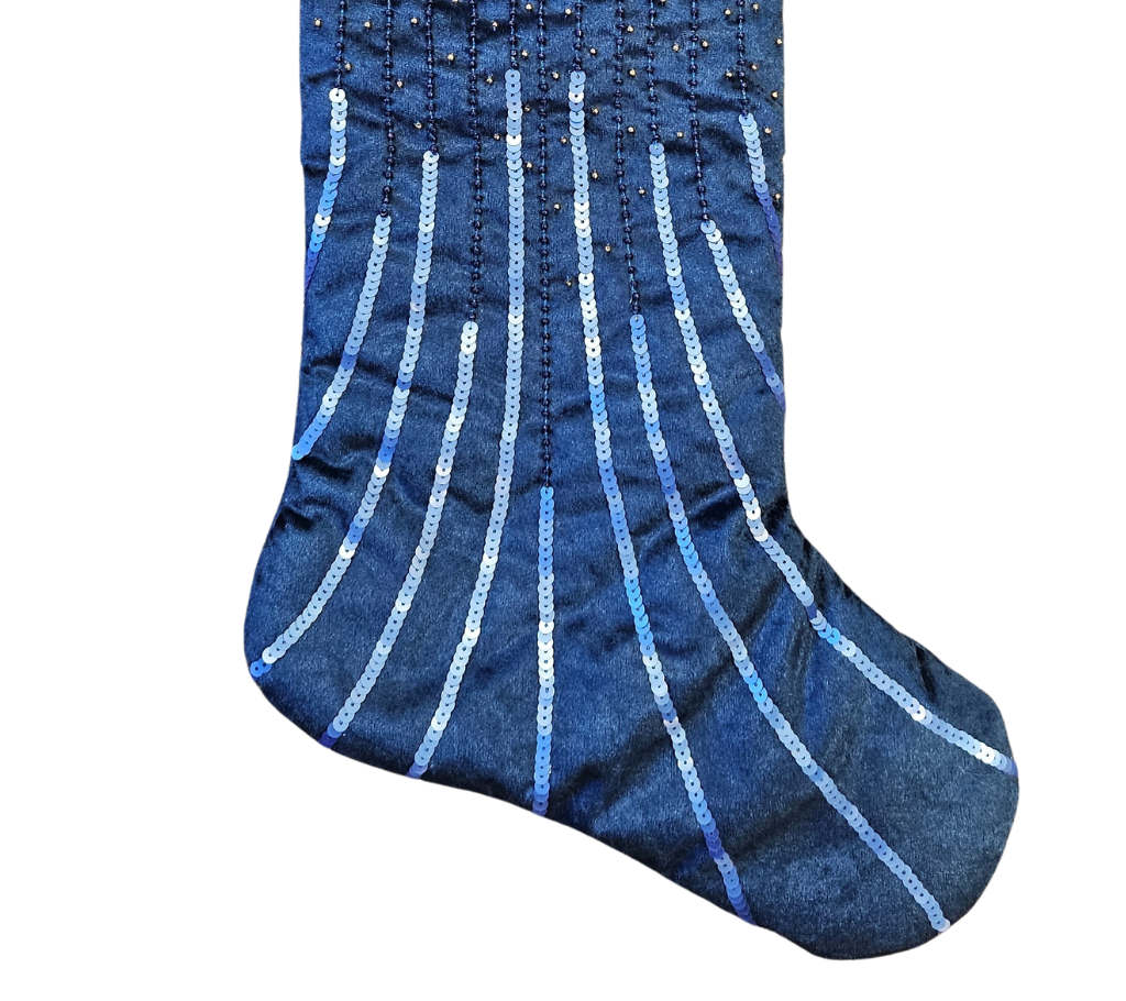 Sample: Midnight Blues Stocking in Blue, White, and Gold