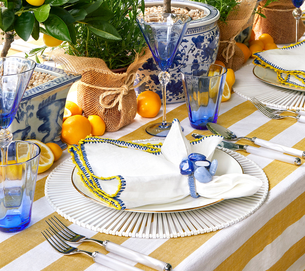 Knotted Edge Napkin in White, Blue & Yellow, Set of 4