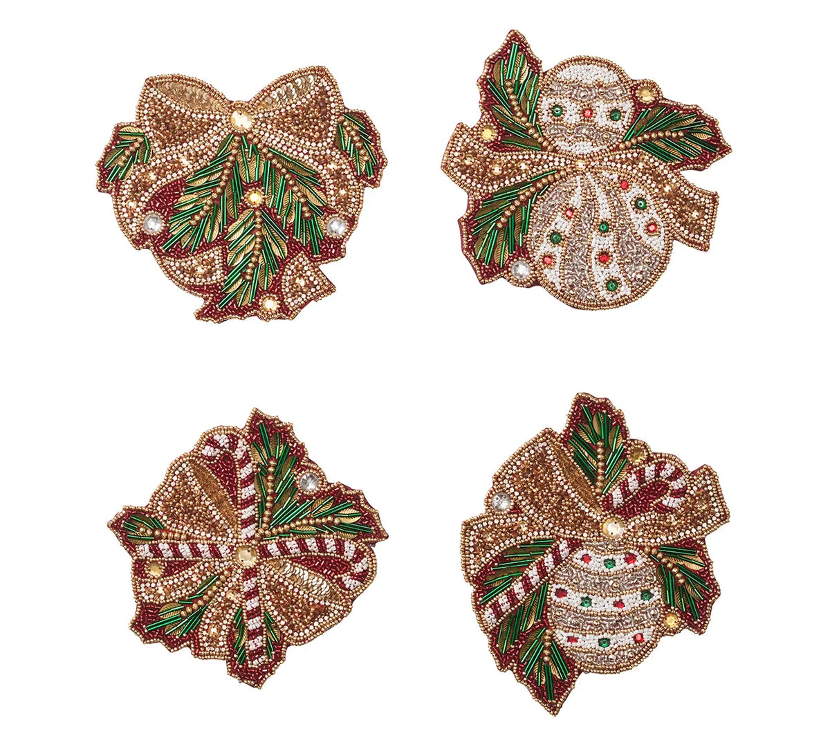 Candy Cane Bow Drink Coasters in Red, Green & Gold, Set of 4 in a Gift Bag