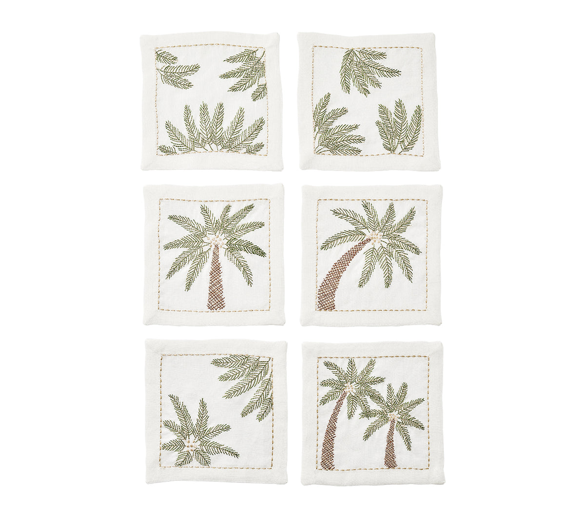 Sample: Palm Coast Cocktail Napkin in White, Green & Gold, Set of 6 in a Gift Box