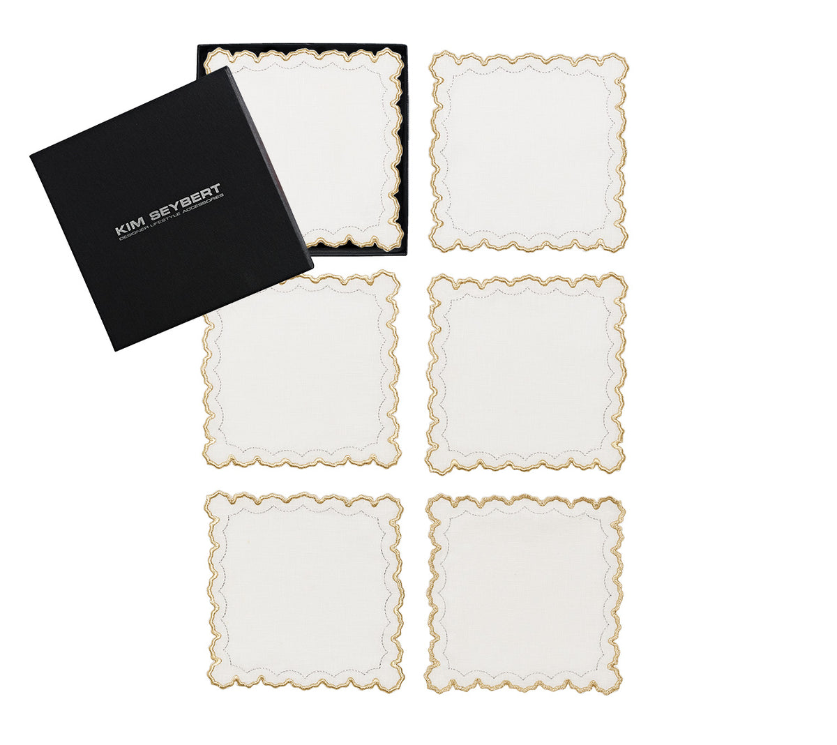 Kim Seybert Luxury Arches Cocktail Napkins in White, Gold & Silver, Set of 6 in a Gift Box