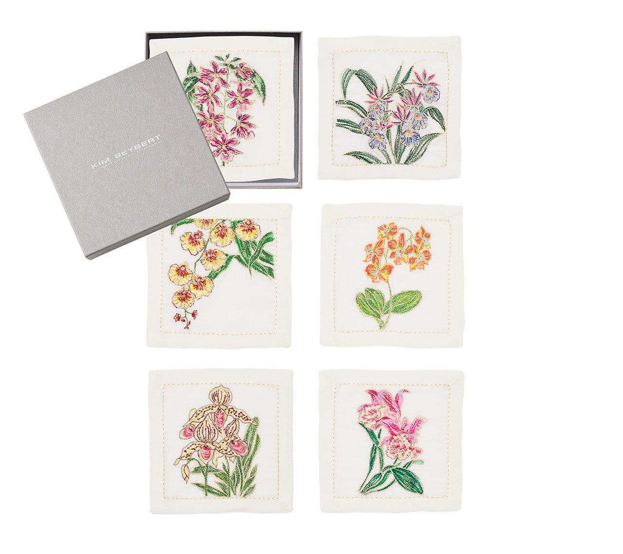 Orchid Cocktail Napkins in White & Multi, Set of 6 in a Gift Box