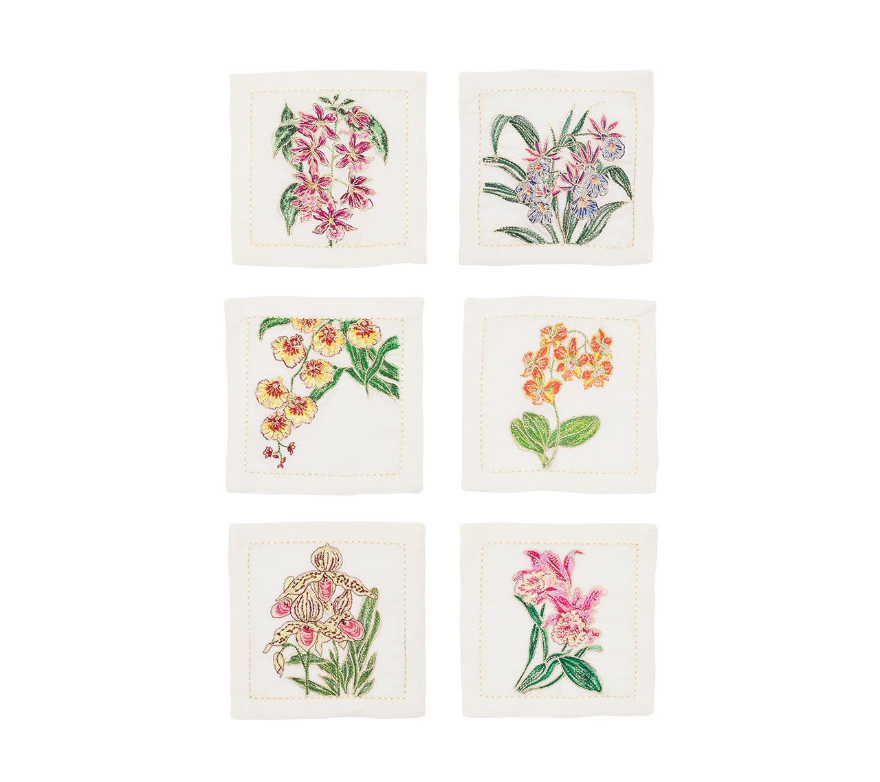 Orchid Cocktail Napkins in White & Multi, Set of 6 in a Gift Box