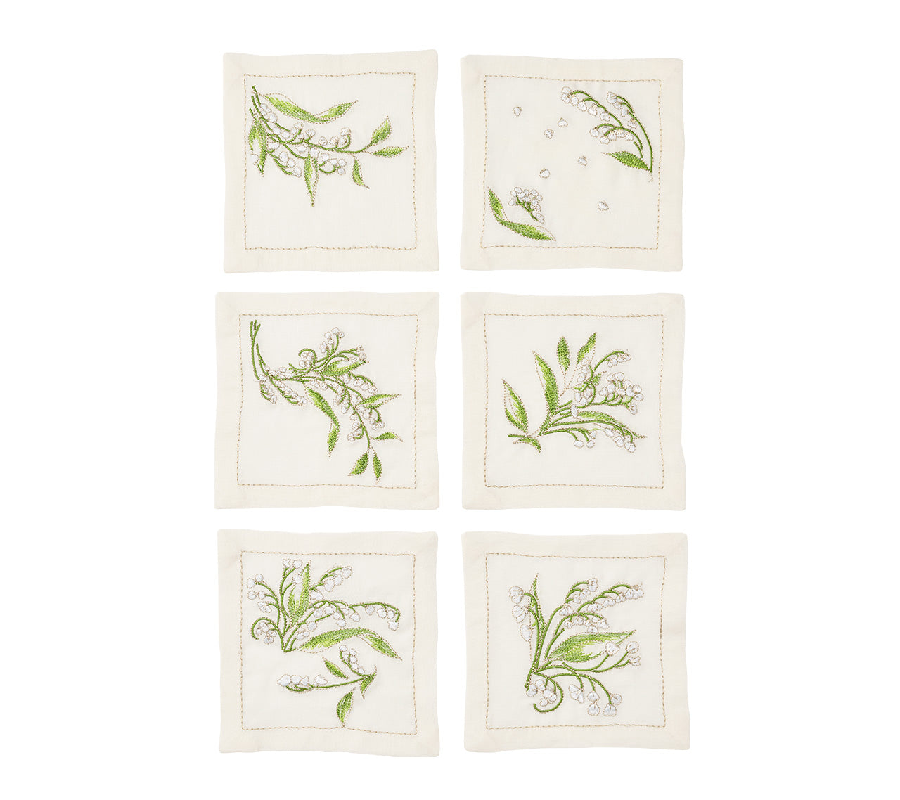 Vale Cocktail Napkin in White & Green, Set of 6 in a Gift Box