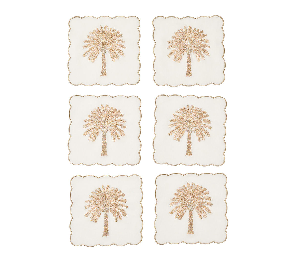 Date Palm Cocktail Napkins in White, Brown & Gold, Set of 6 in a Gift Box