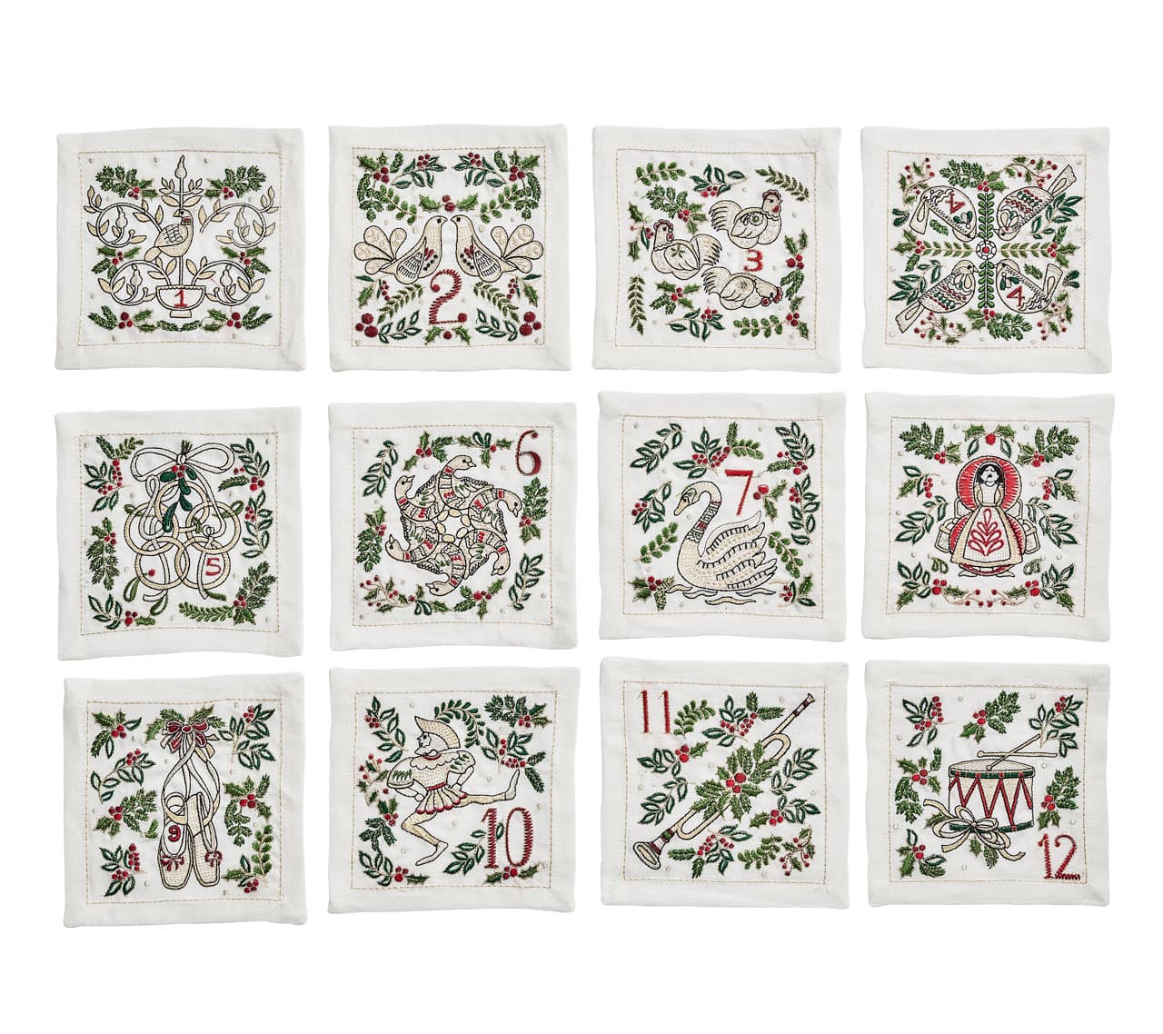 12 Days Xmas Cocktail Napkins in White & Multi , Set of 12 in a Gift Box