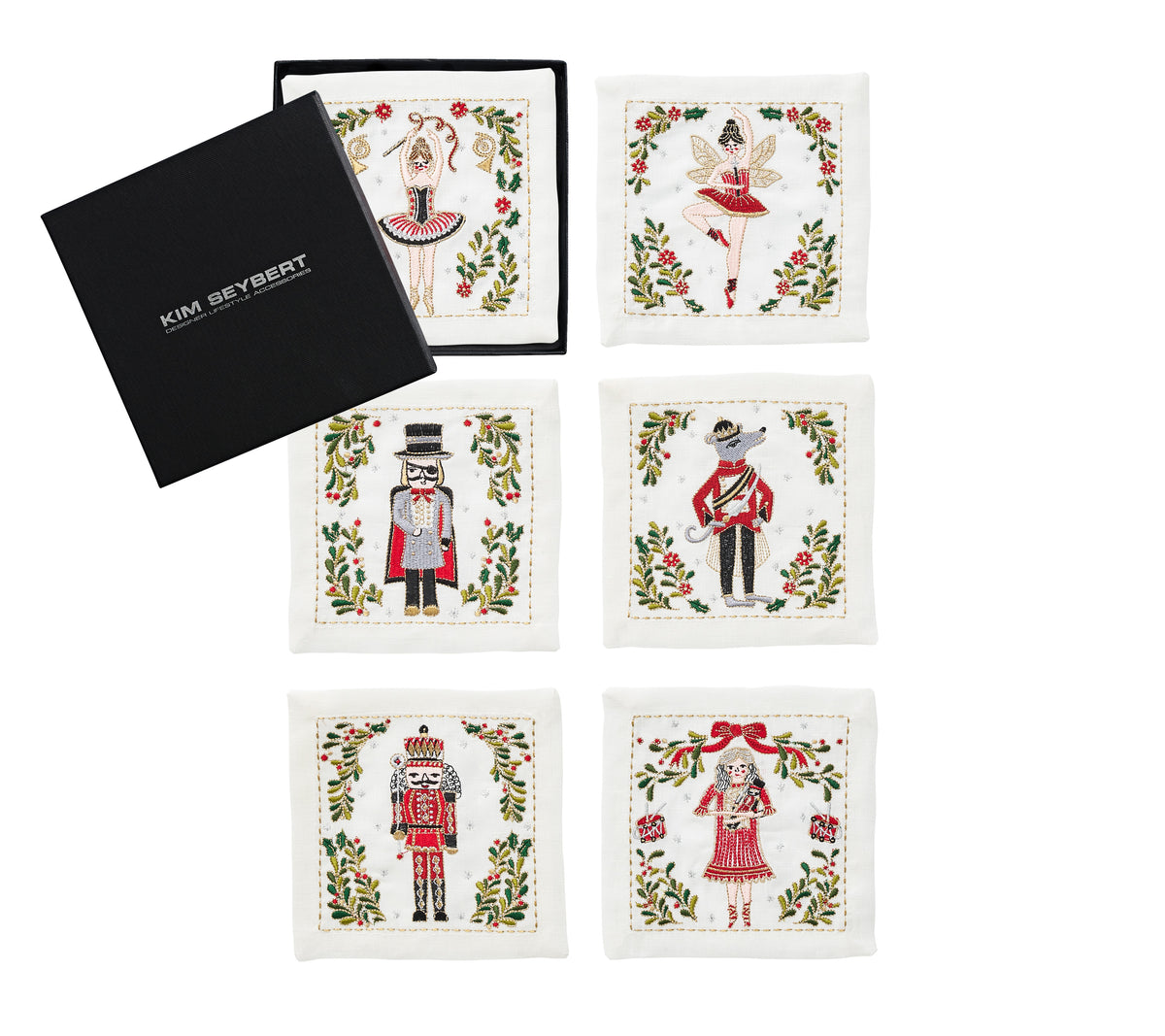 Nutcracker Cocktail Napkins in White, Red & Green, Set of 6 in a Gift Box