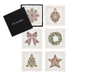 Holiday Nostalgia Cocktail Napkins in White, Red & Green, Set of 6 in a Gift Box