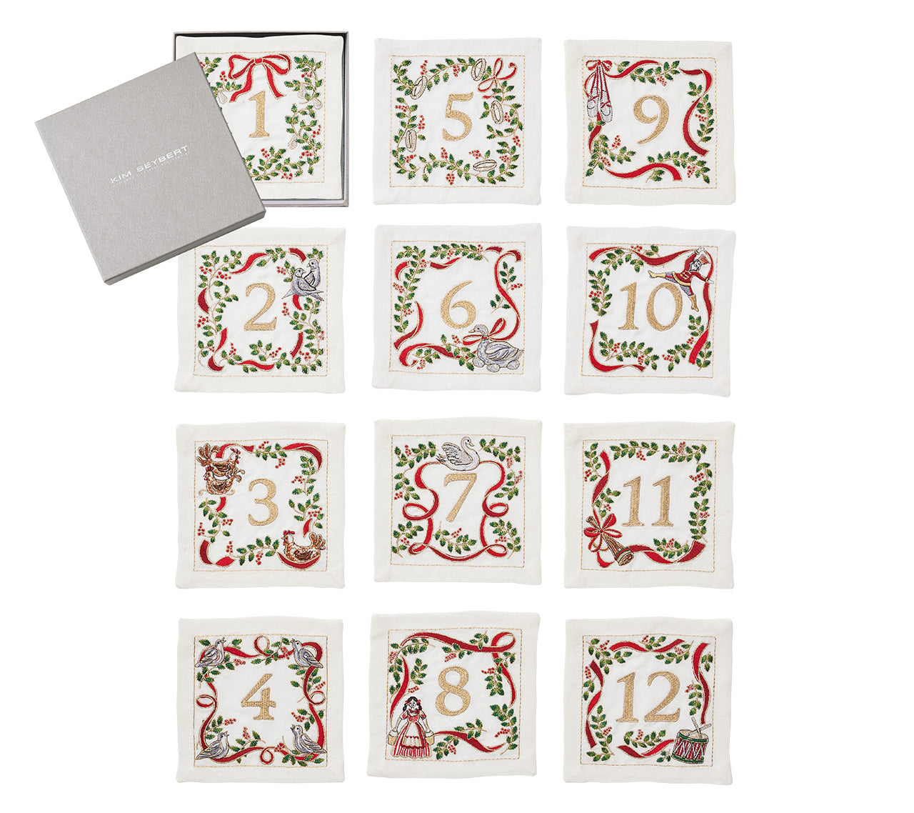 Xmas Carol Cocktail Napkin in White, Red & Green, Set of 12 in a Gift Box