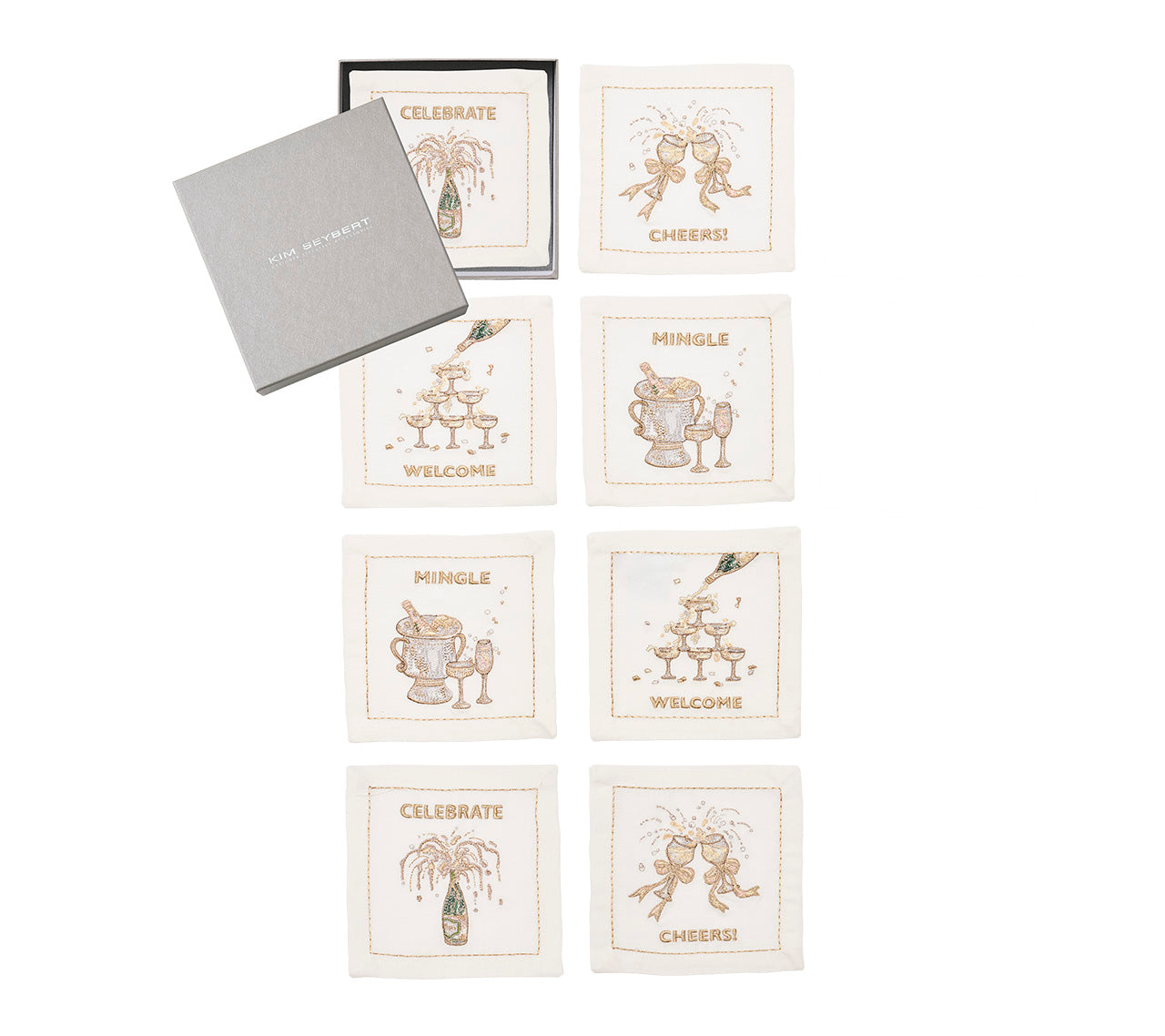 Cheers Cocktail Napkin in White, Gold & Silver, Set of 8 in a Gift Box