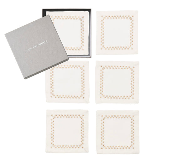 Starry Night Cocktail Napkin in White & Gold, Set of 6 in a Gift Box