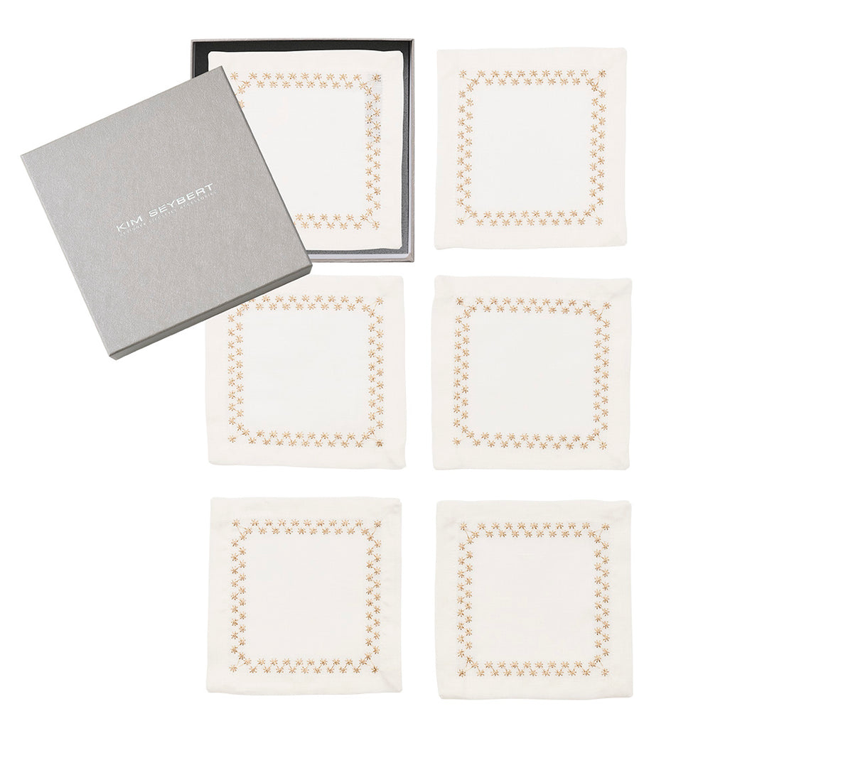 Starry Night Cocktail Napkin in White & Gold, Set of 6 in a Gift Box