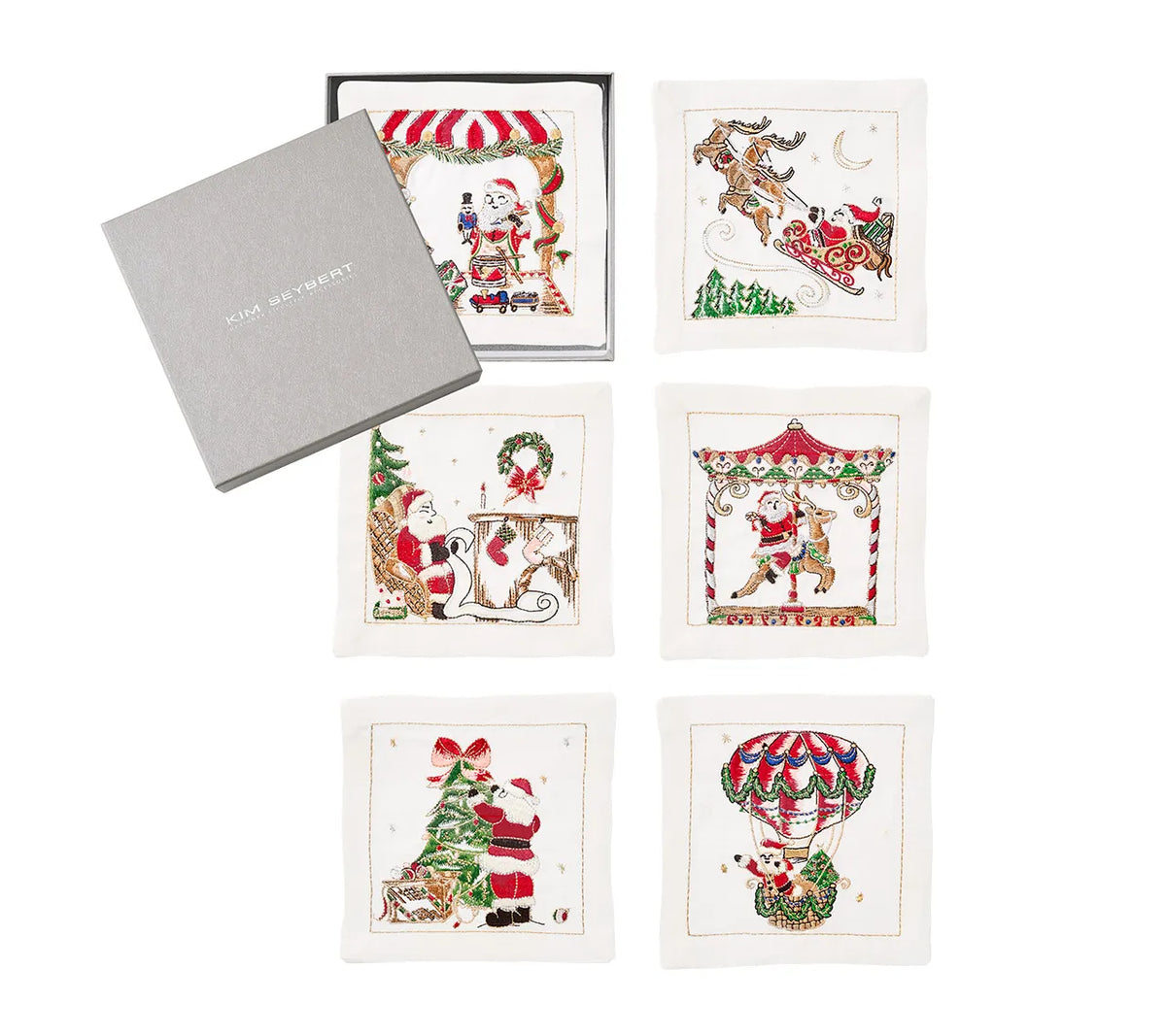 Santa Cocktail Napkins in White & Multi, Set of 6 in a Gift Box