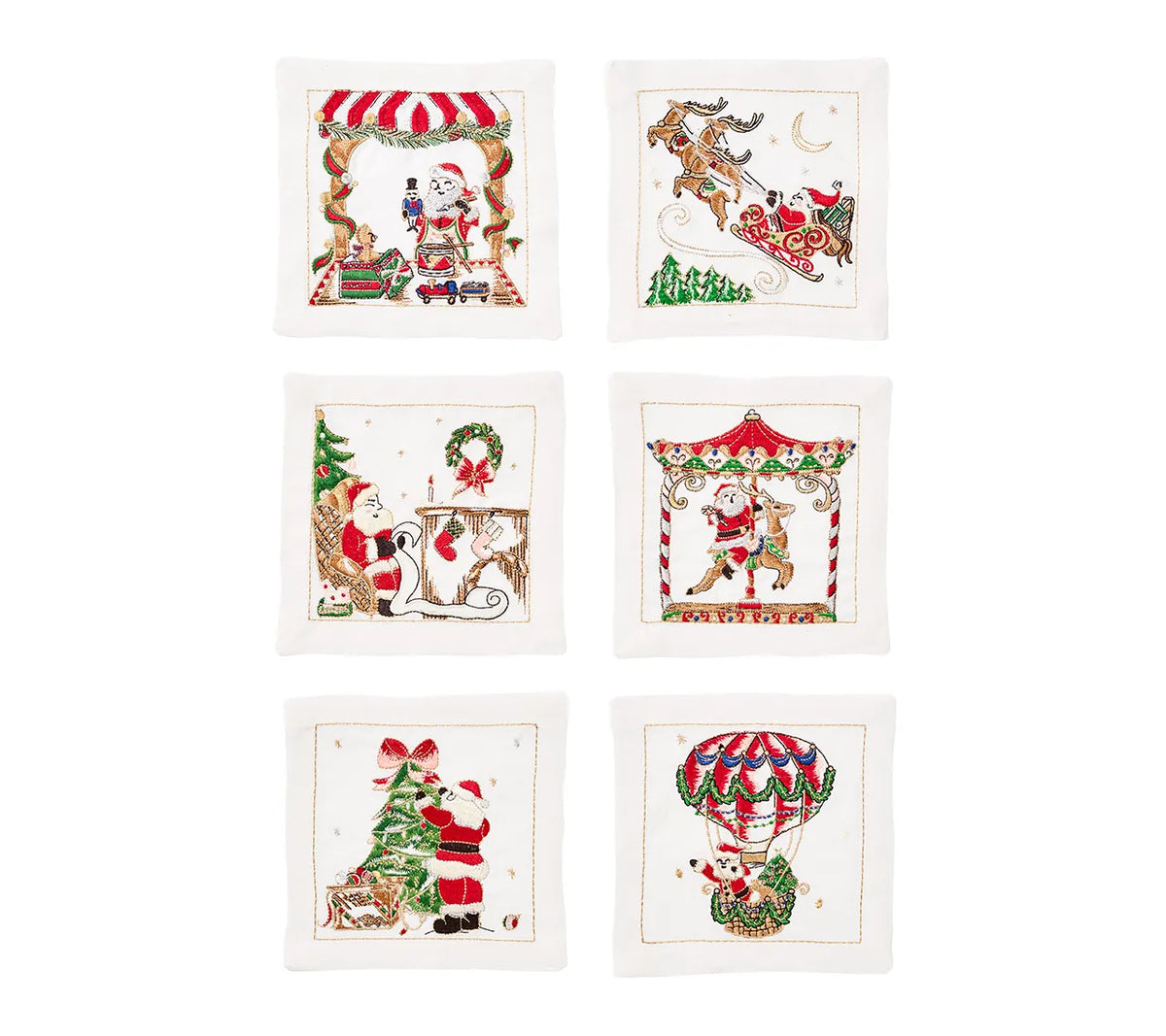 Santa Cocktail Napkins in White & Multi, Set of 6 in a Gift Box