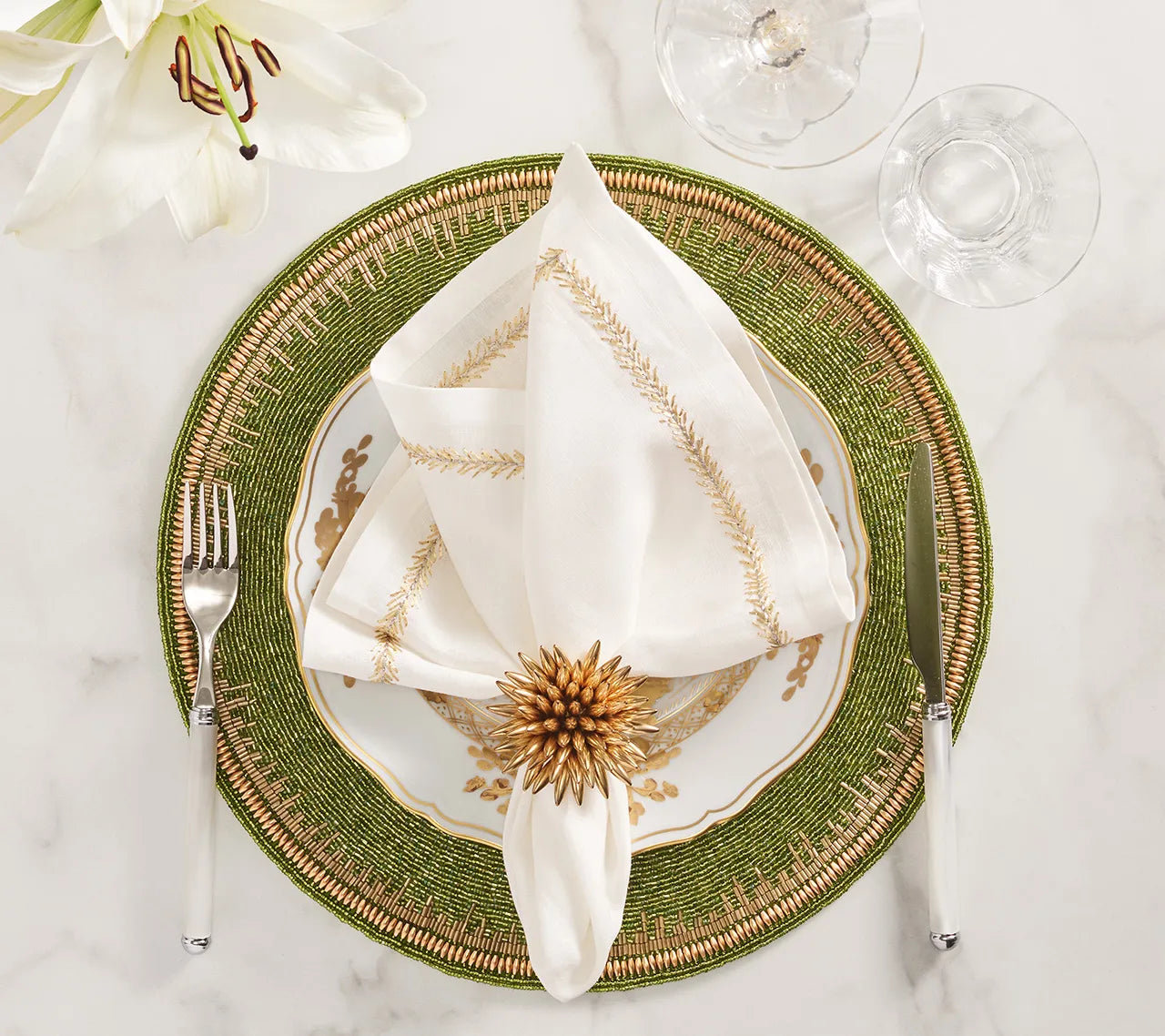 Enamor Placemat in Green & Gold, Set of 4
