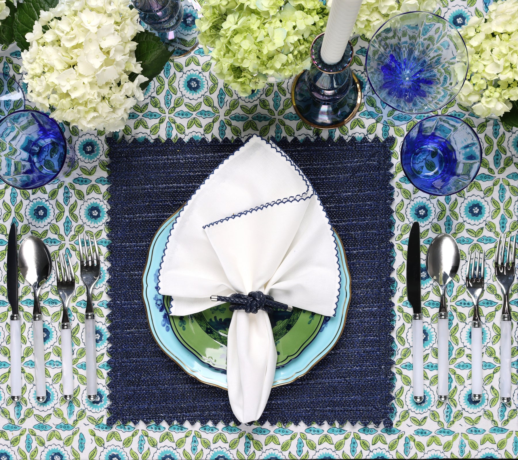 Majorelle Tablecloth in White, Blue & Green