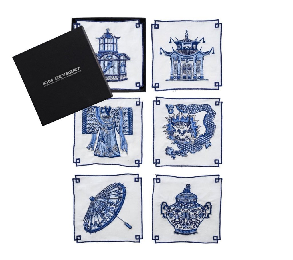 Kim Seybert, Inc.Indochine Cocktail Napkins in White & Blue, Set of 6 in a Gift BoxCocktail Napkins