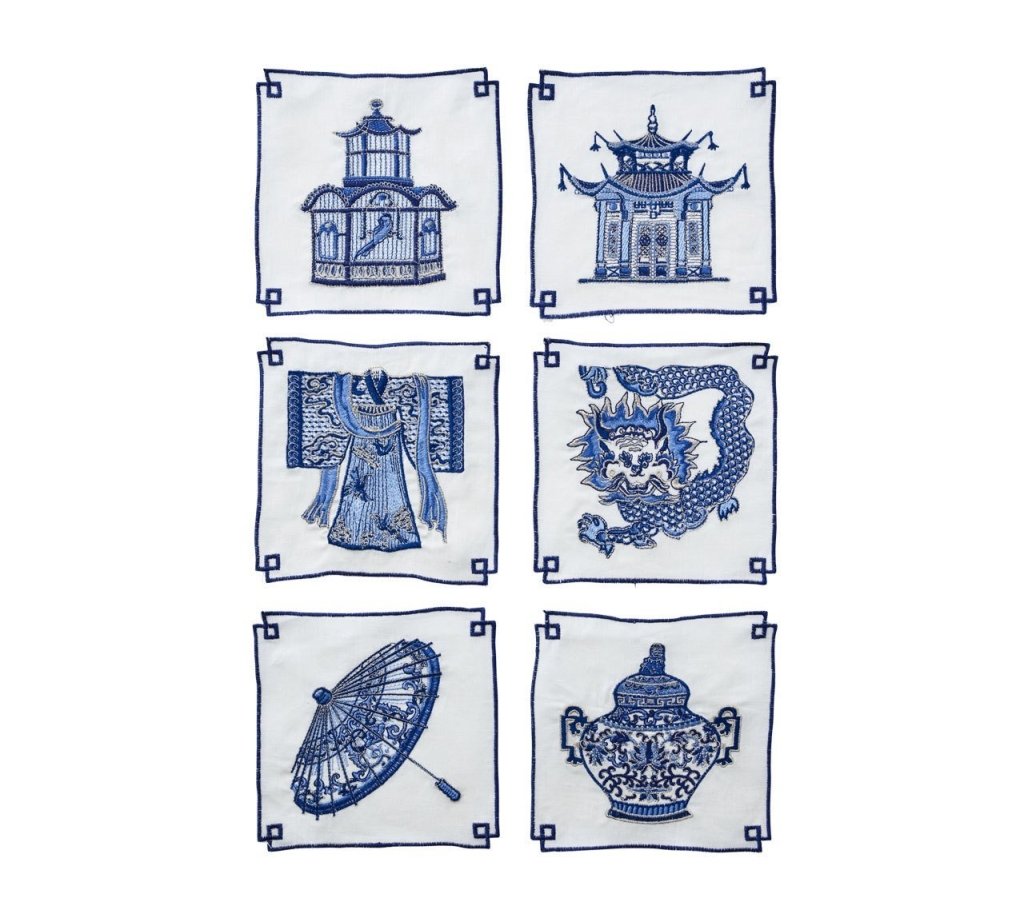 Kim Seybert, Inc.Indochine Cocktail Napkins in White & Blue, Set of 6 in a Gift BoxCocktail Napkins