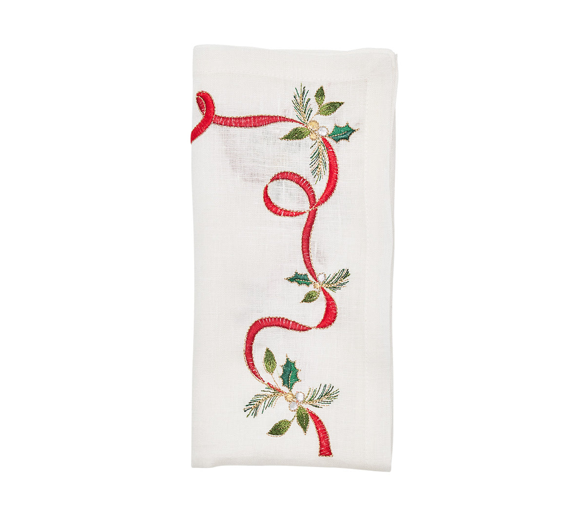 Xmas Ribbon Napkin in White, Red & Green, Set of 4