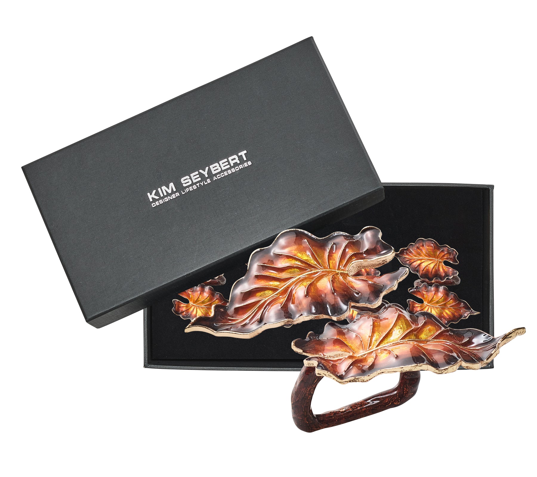 Kim Seybert Luxury Fern Napkin Ring in Brown & Gold in a Gift Box
