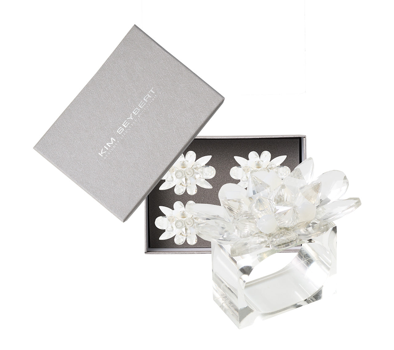 Spectra Napkin Ring in Clear & White, Set of 4 in a Gift Box