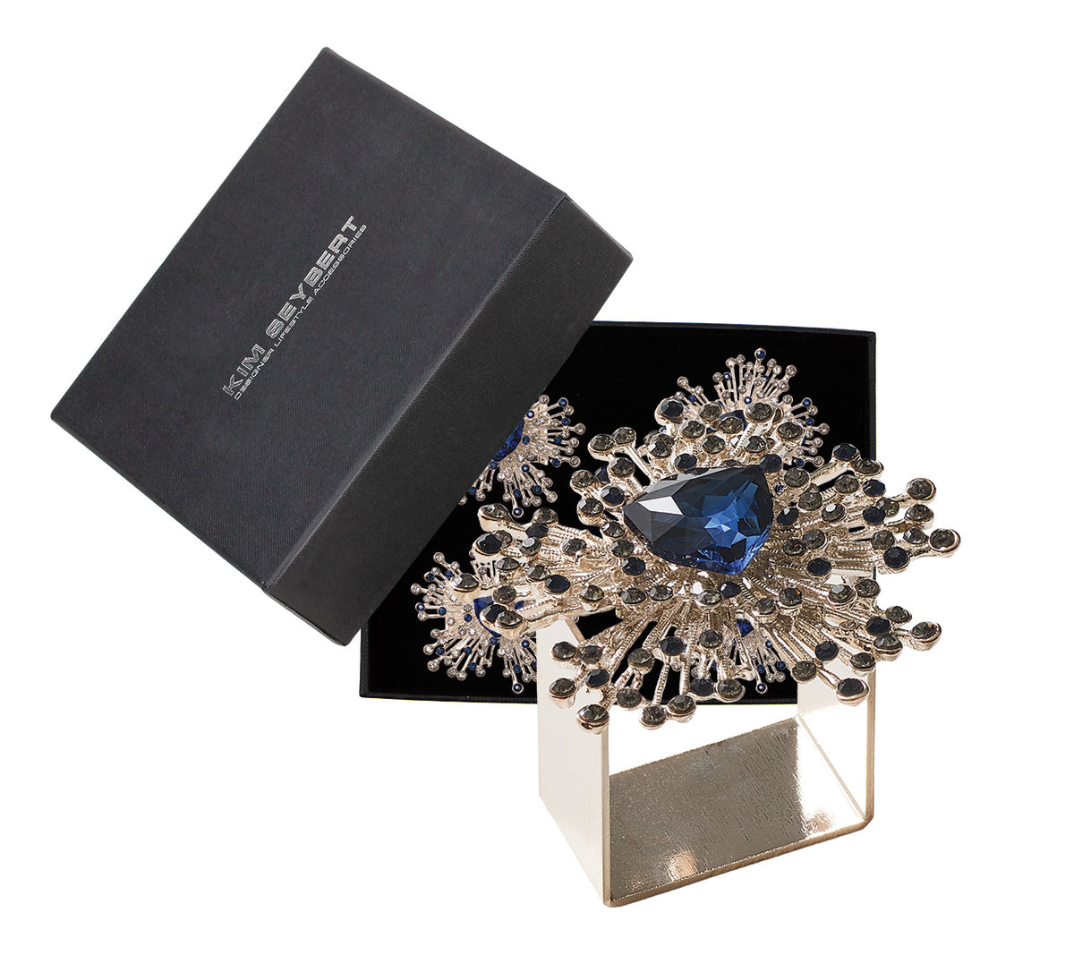 Gem Burst Napkin Ring in Navy & Silver, Set of 4 in a Gift Box