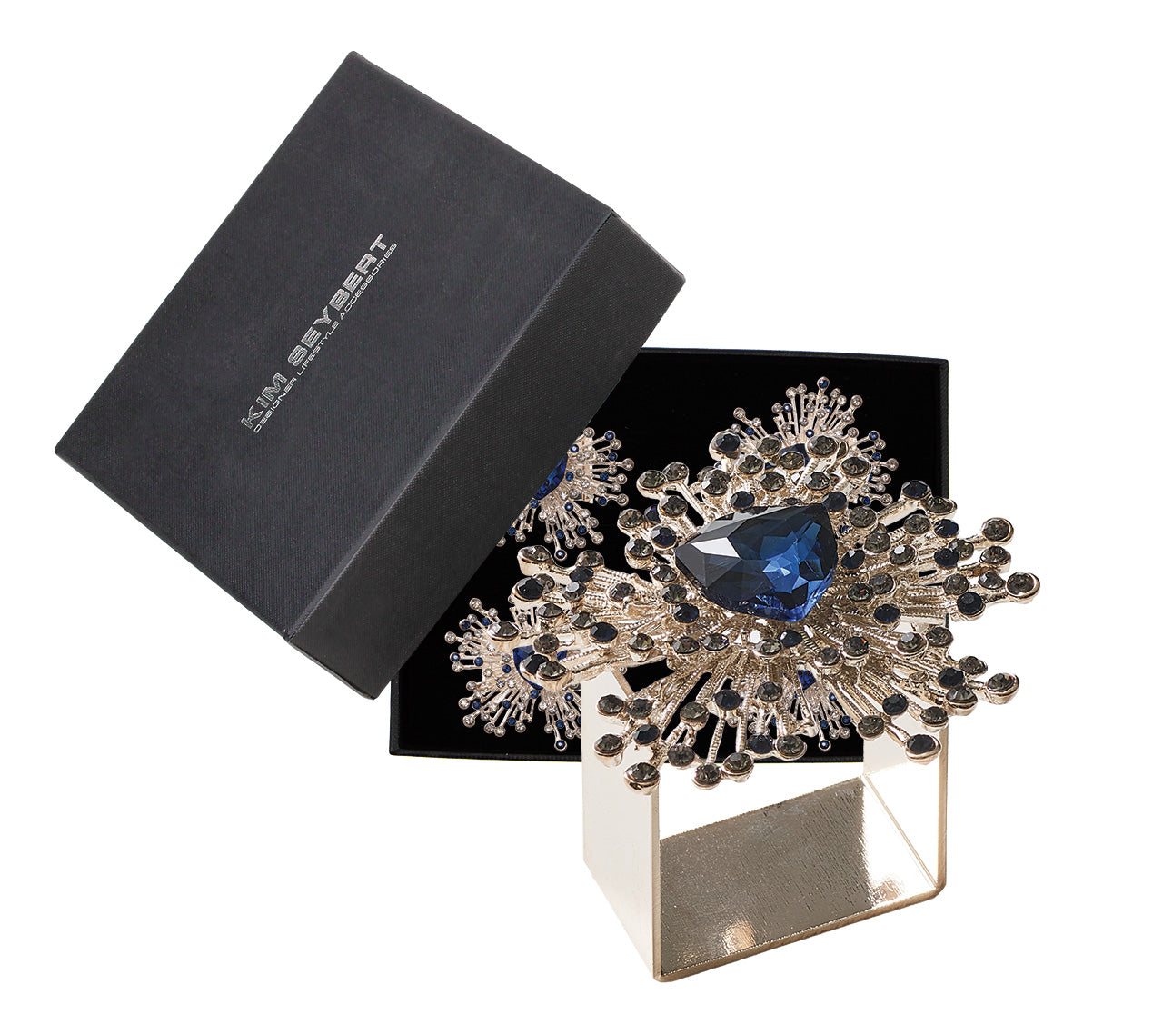 Kim Seybert Luxury Gem Burst Napkin Ring in Navy & Silver in a Gift Box