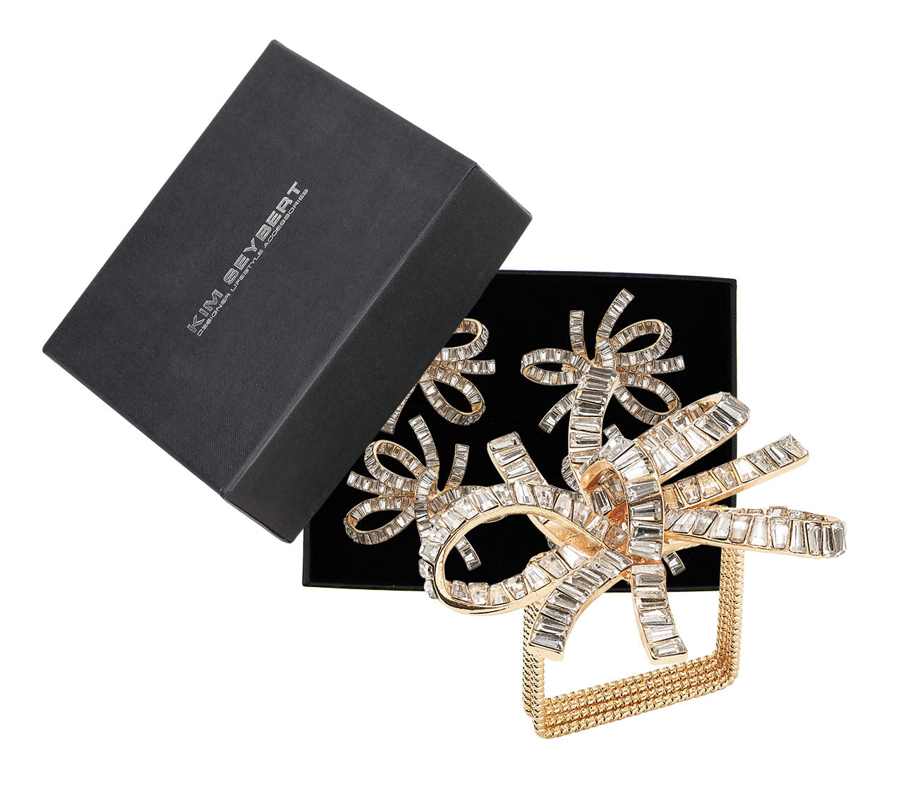 Jeweled Bow Napkin Ring in Gold & Crystal, Set of 4 in a Gift Box