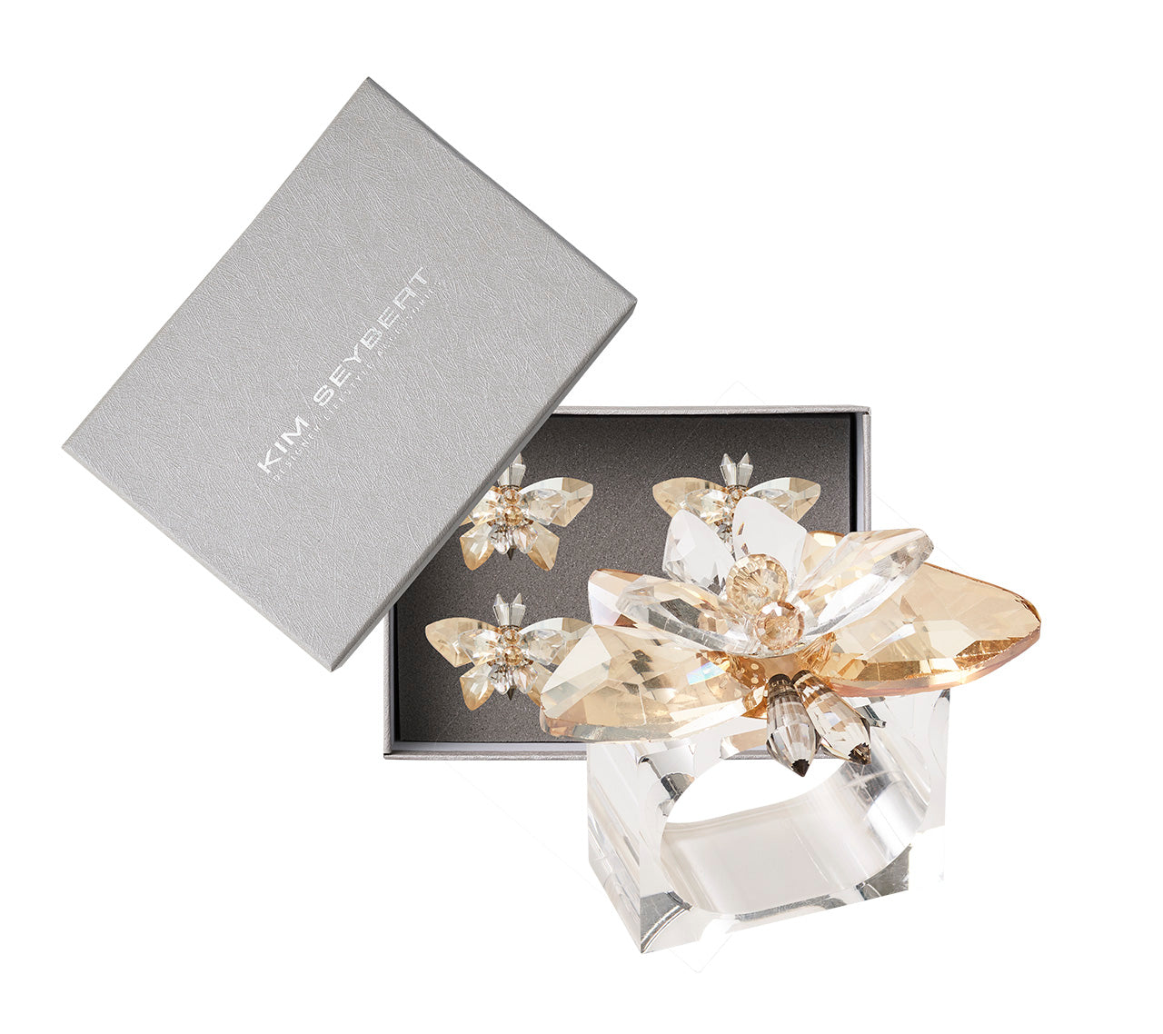 Glasswing Napkin Ring in Champagne & Crystal, Set of 4 in a Gift Box