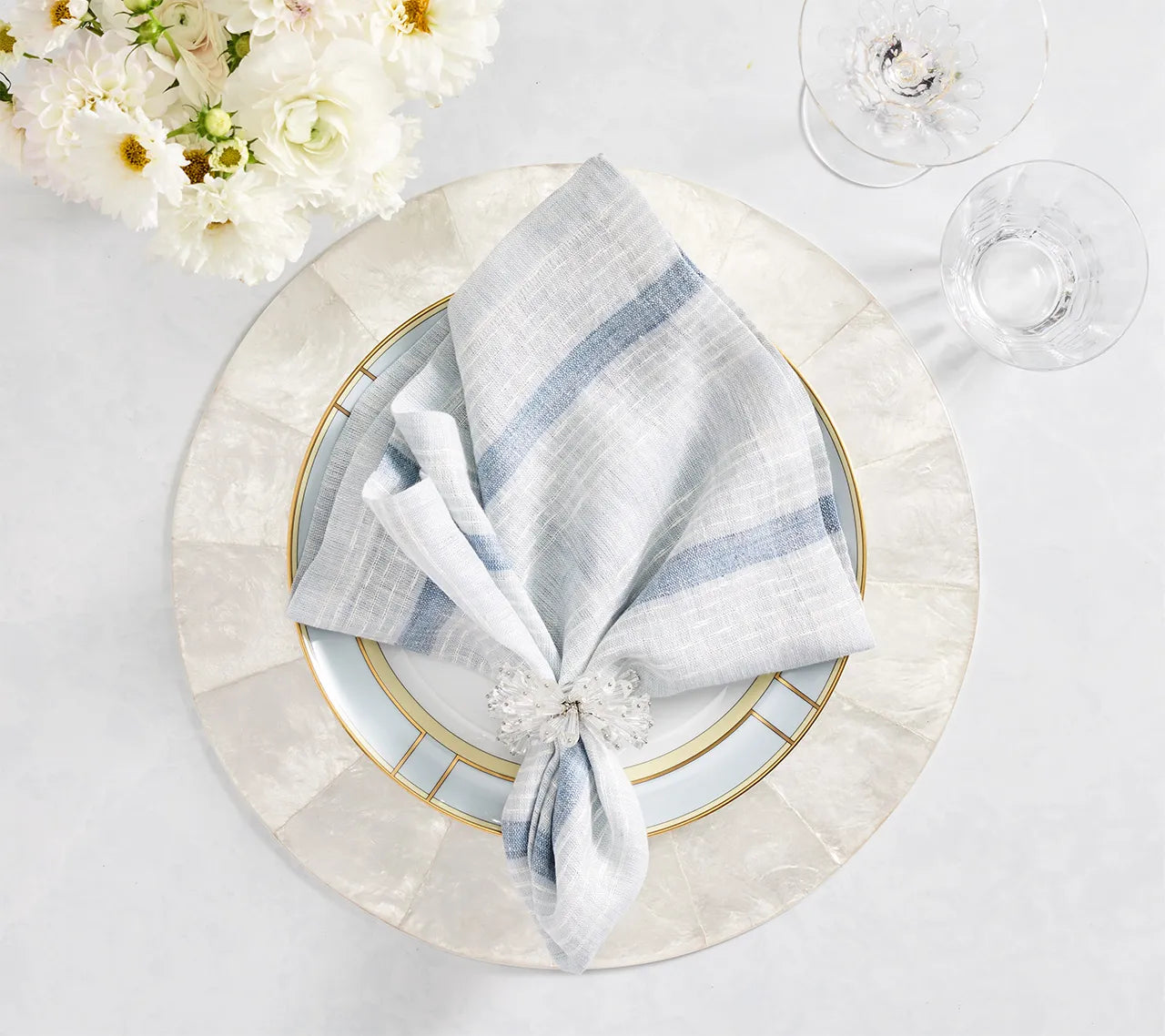 Ribbon Stripe Napkin in Ivory & Blue, Set of 4