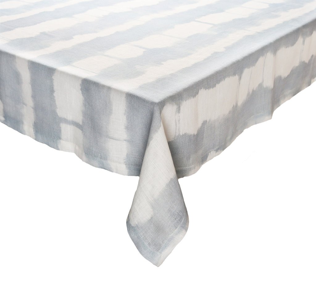 Sample: Watercolor Stripe Tablecloth in White, Blue & Gray