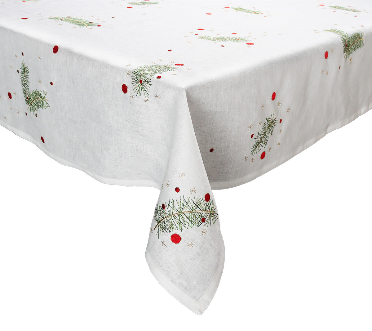Kim Seybert Luxury Evergreen Tablecloth in White, Red & Green