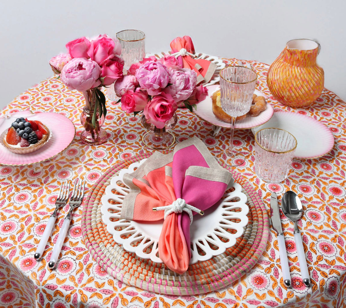 Majorelle Tablecloth in White, Pink & Orange