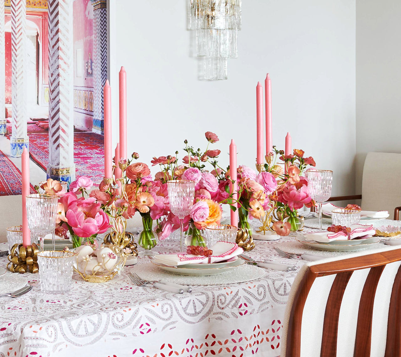 Malta Tablecloth in White, Pink & Orange