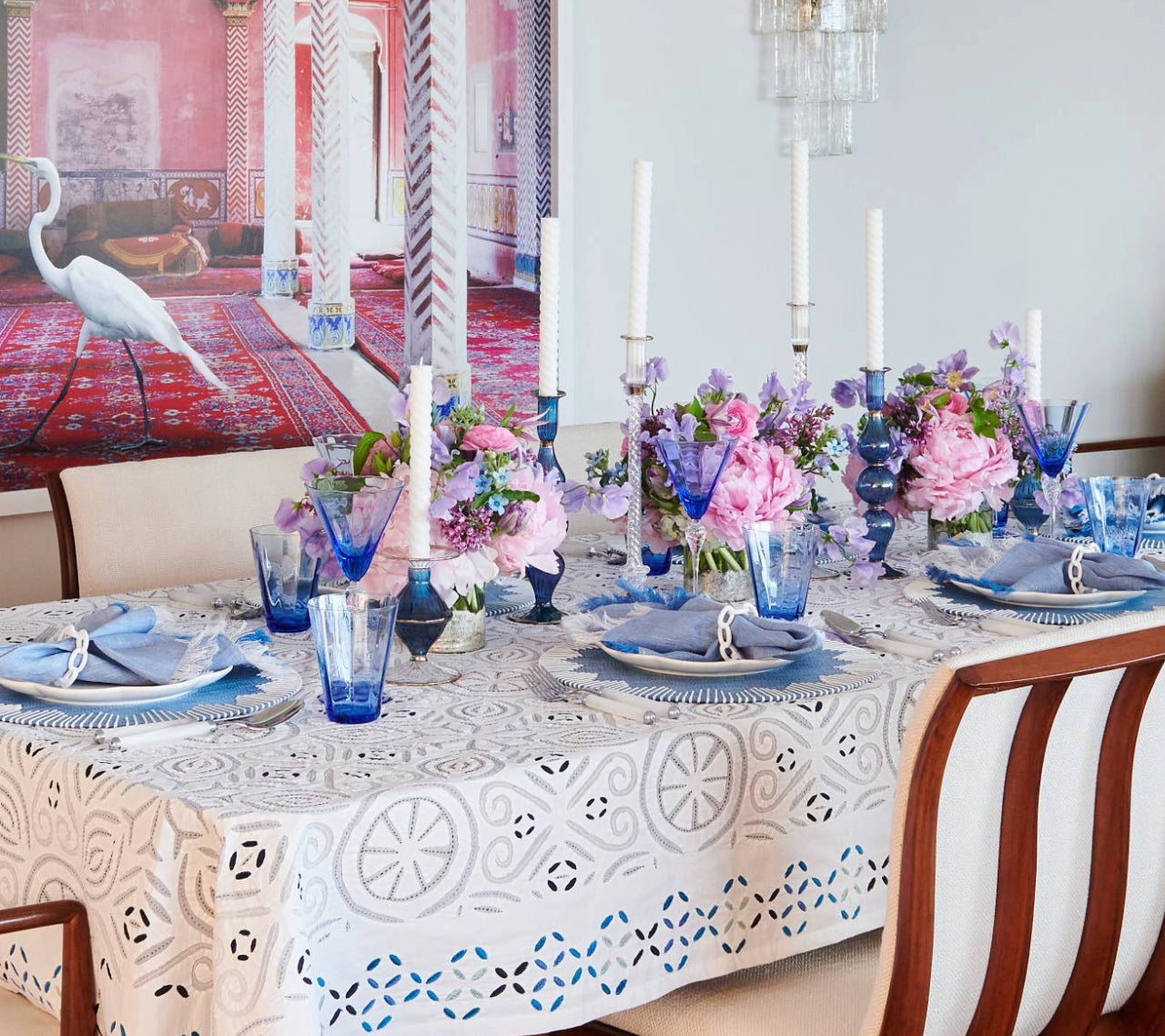 Malta Tablecloth in White & Blue