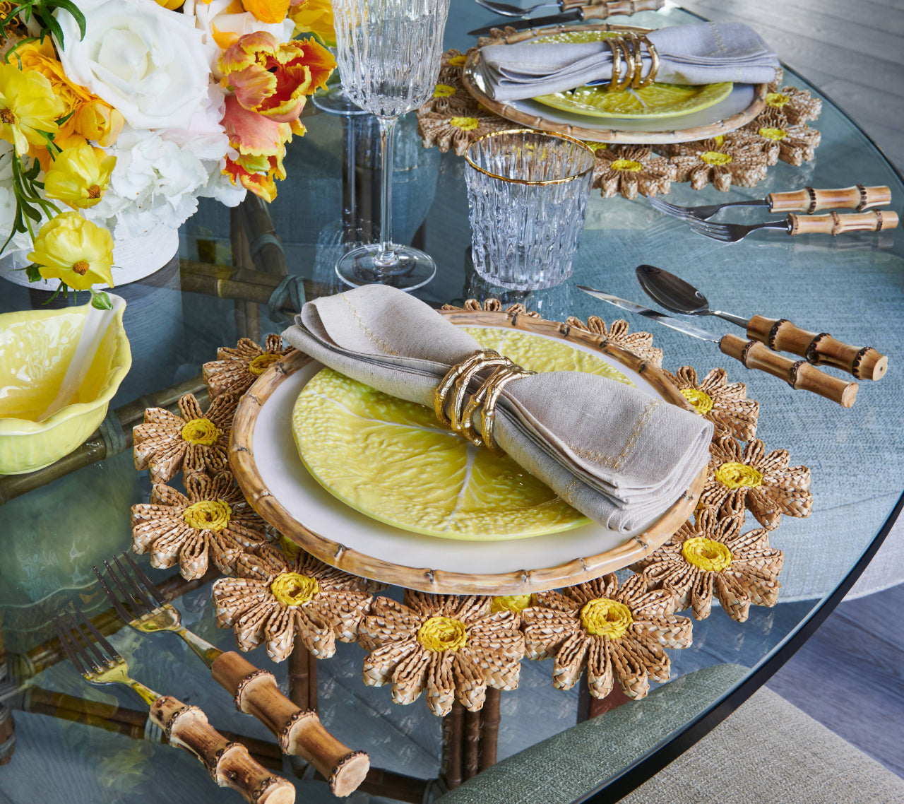 Daisy Placemat in Natural & Yellow, Set of 4