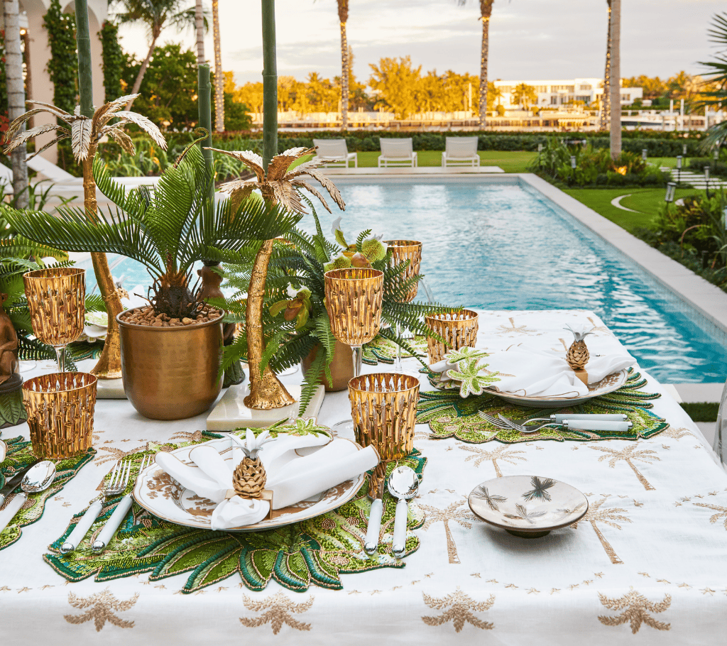 Embroidered Palm Tablecloth in White, Natural & Gold