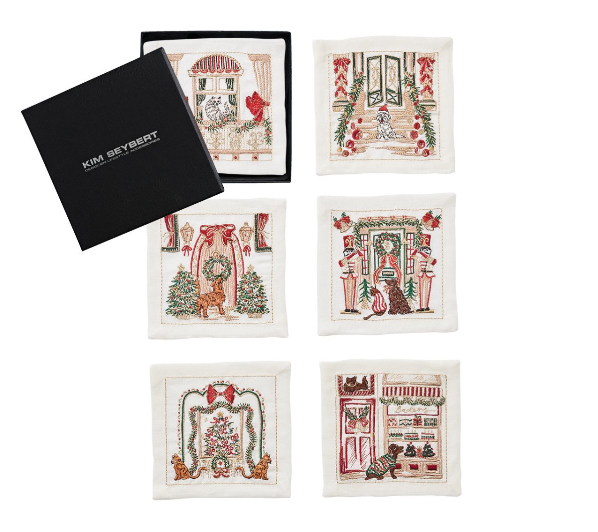 Kim Seybert, Inc.Holiday Paws Cocktail Napkin in Multi, Set of 6 in a Gift BoxCocktail Napkins