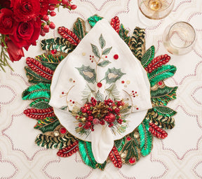 Kim Seybert, Inc.Holly and Sprig Napkin in White, Red & Green, Set of 4Napkins