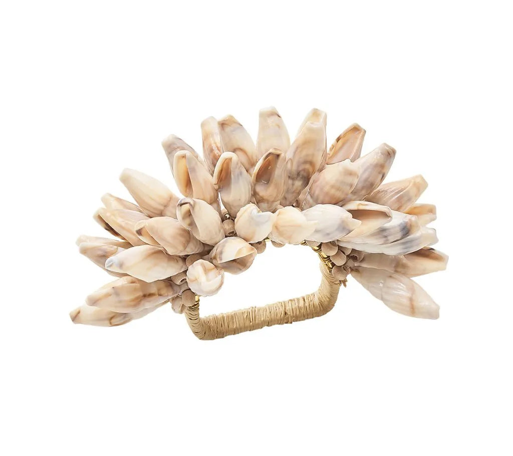 Shell Fringe Napkin Ring in Ivory & Brown, Set of 4