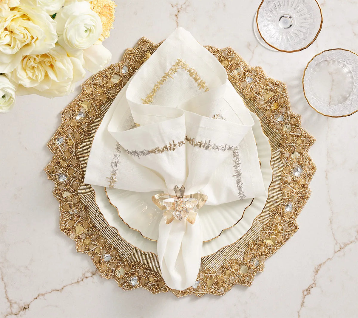 Glasswing Napkin Ring in Champagne & Crystal, Set of 4 in a Gift Box