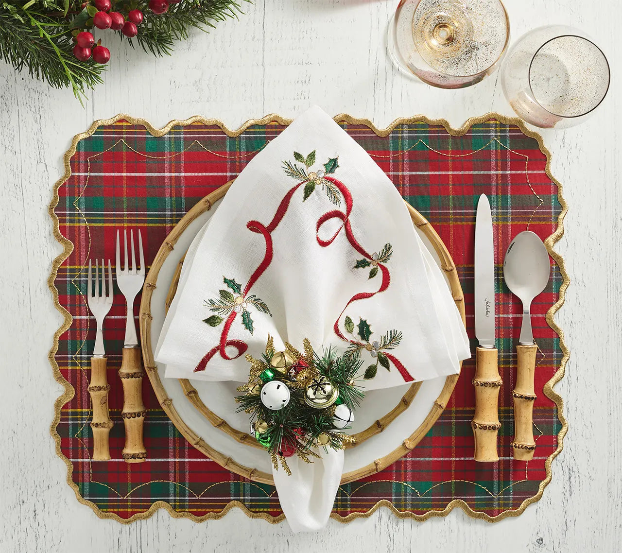 Jingle Bells Napkin Ring in Green, Red & Gold, Set of 4