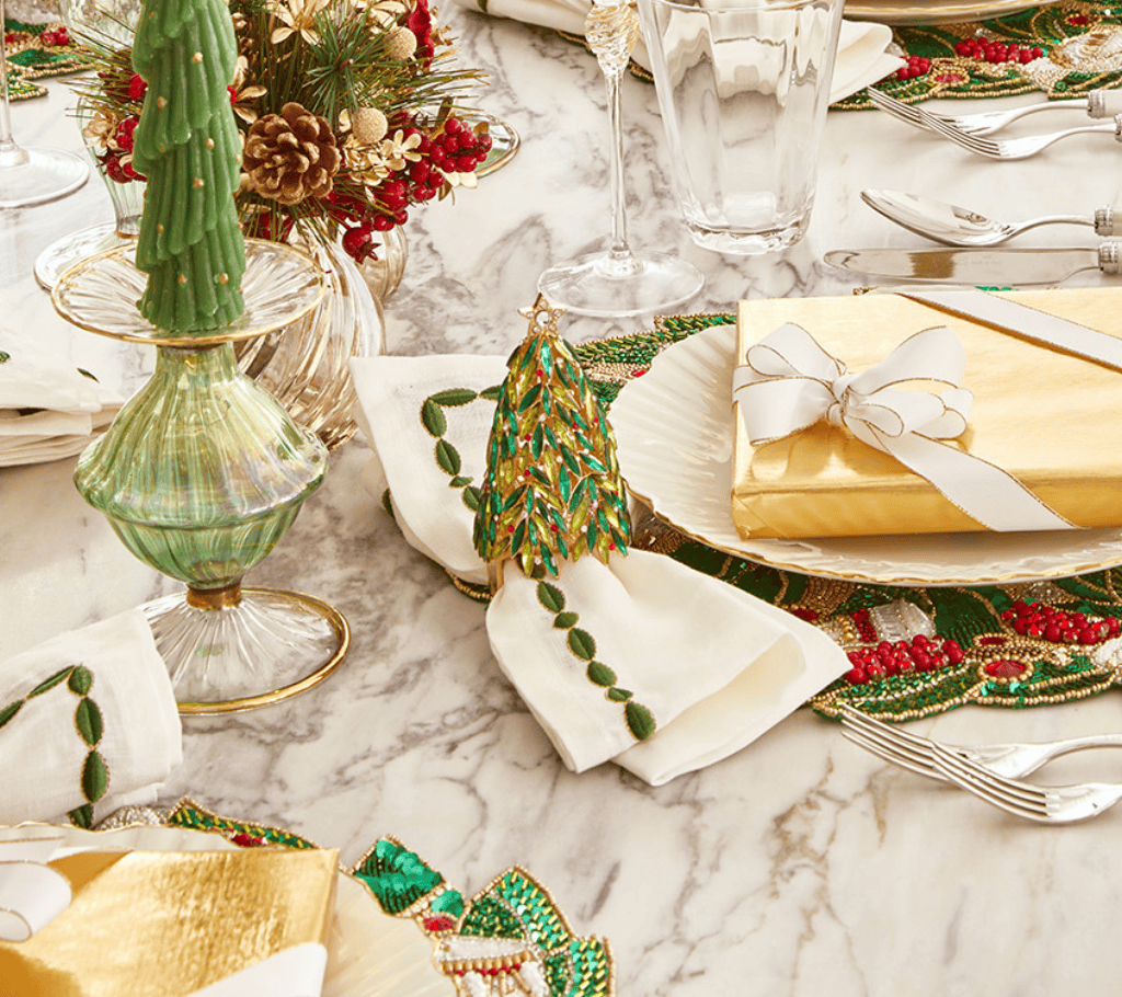 Bejeweled Xmas Napkin Ring in Red, Green & Gold, Set of 4 in a Gift Box